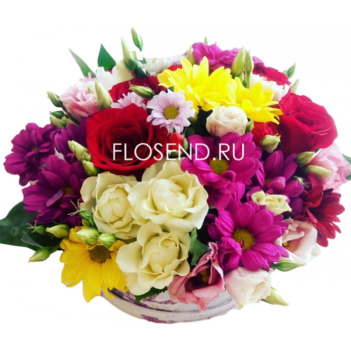 Роза, хризантема, эустома в коробке